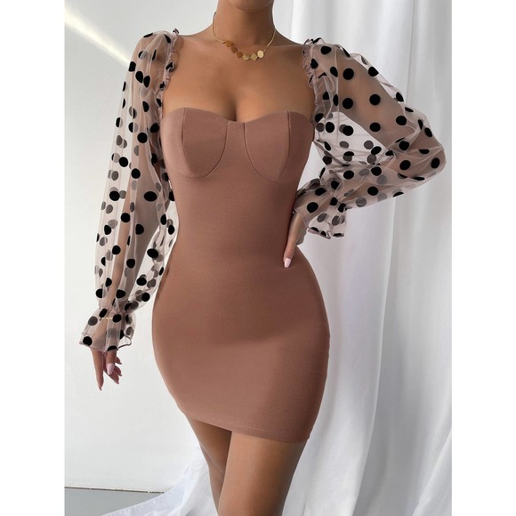 Sweetheart Neck Flounce Sleeve Bodycon Dress sheer long sleeve black butterfly - Picture 10 of 11